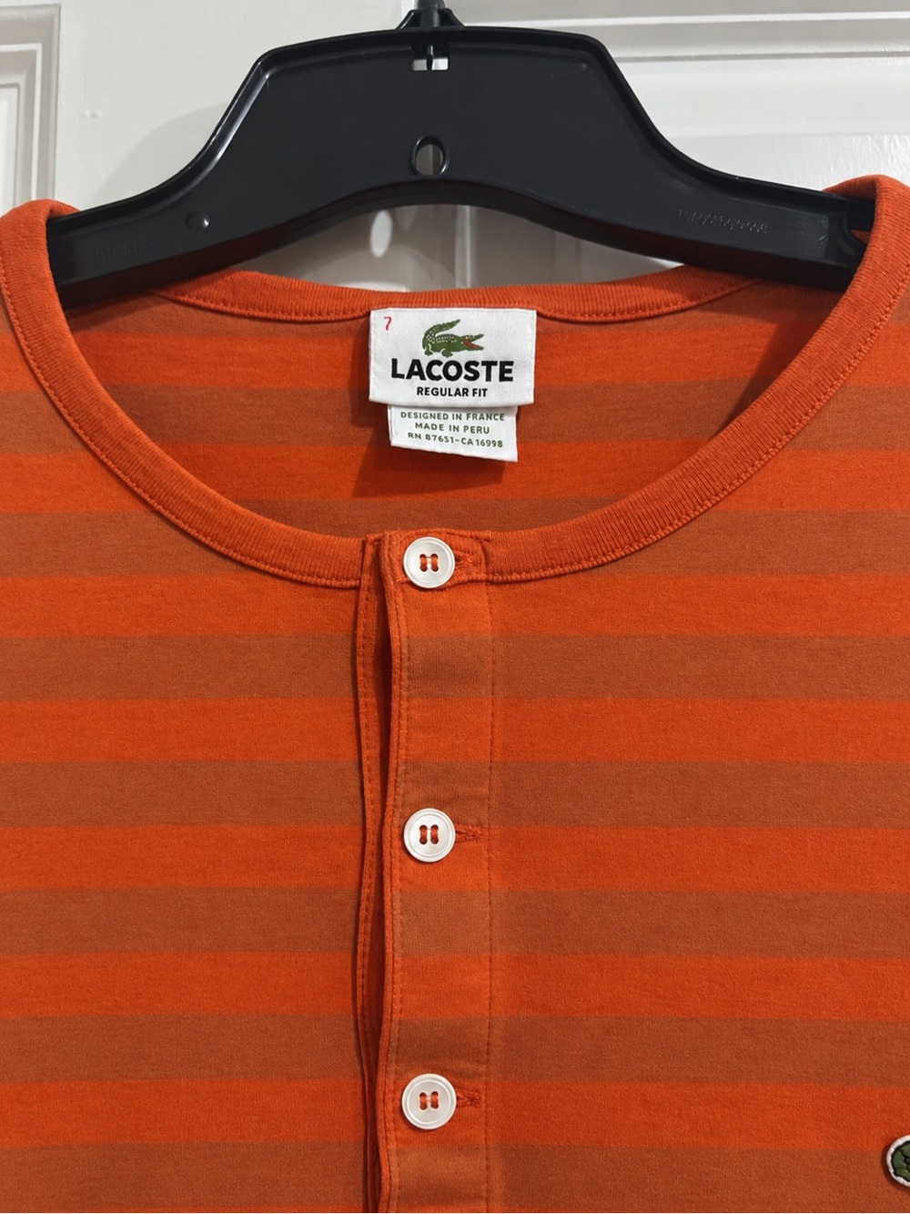 Lacoste Men’s Rust and Brick-Red Striped Henley Tee - Picture 3 of 3